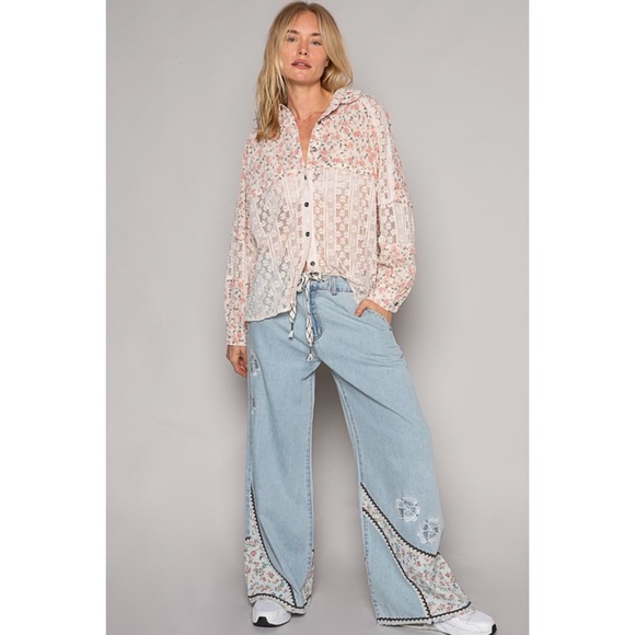 POL Flower Patched & Embroidered Wide Leg Summer Jeans - Picture 9 of 14